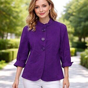 Coldwater Creek Womens Purple Button-Up Jacket 3/4 Sleeve Mandarin Collar Sz 14